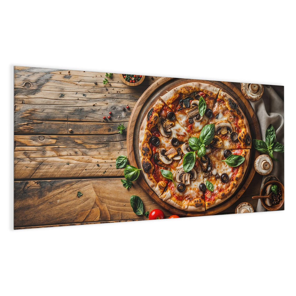 Runde Pizza mit Champignons, schwarzen Oliven und Basilikum auf Holzbrett, ringsum Tomaten und Pilze.