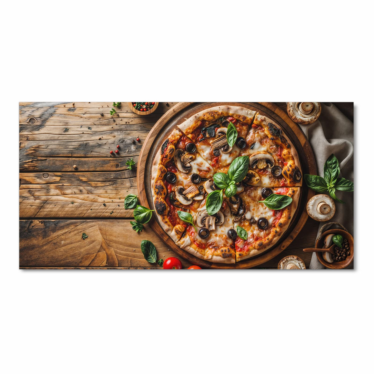 Rutschfester Küchenläufer mit Motiv Holztisch Pizza in Frontansicht für angenehme Haptik