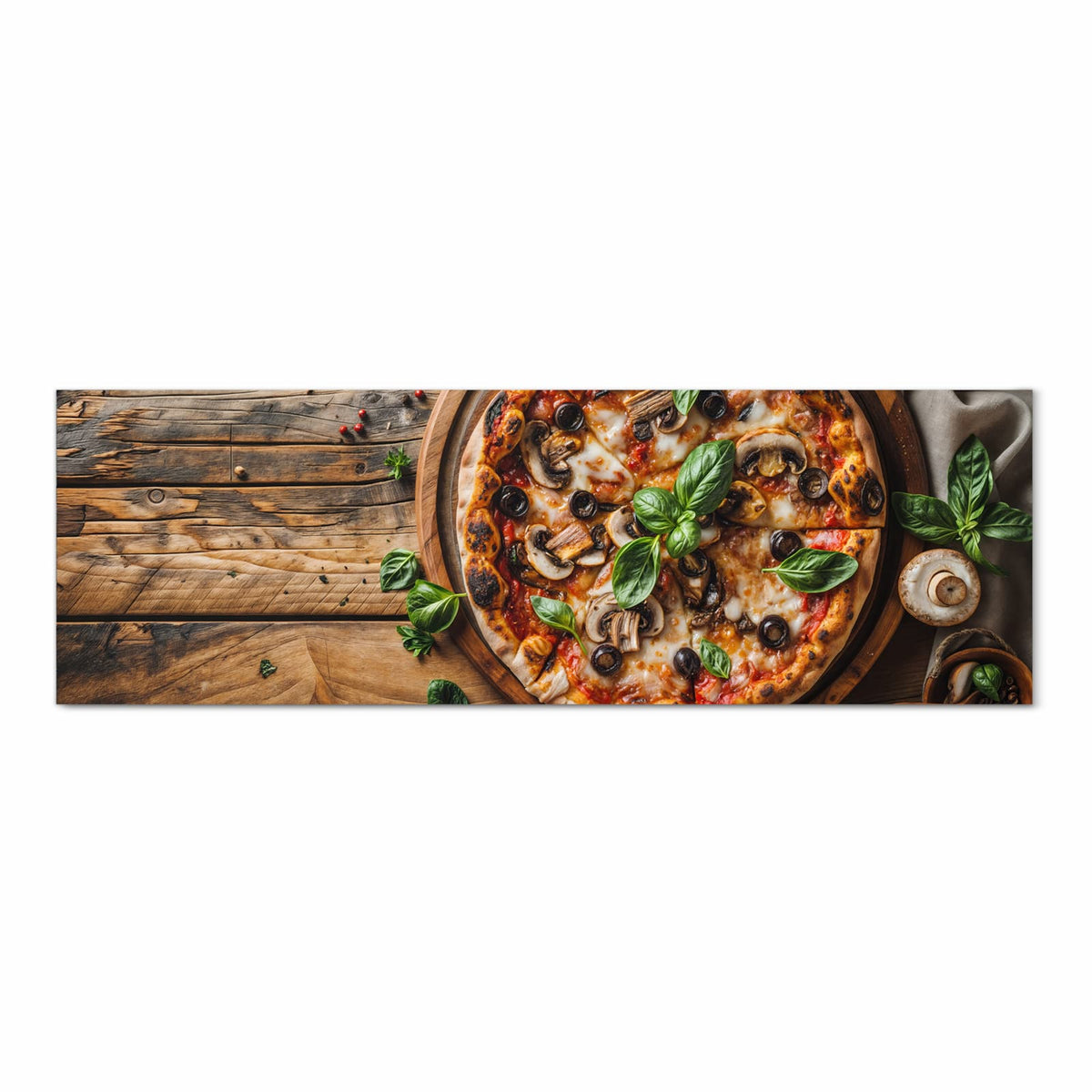 Bodenschonender Küchenläufer mit Motiv Holztisch Pizza in Frontansicht