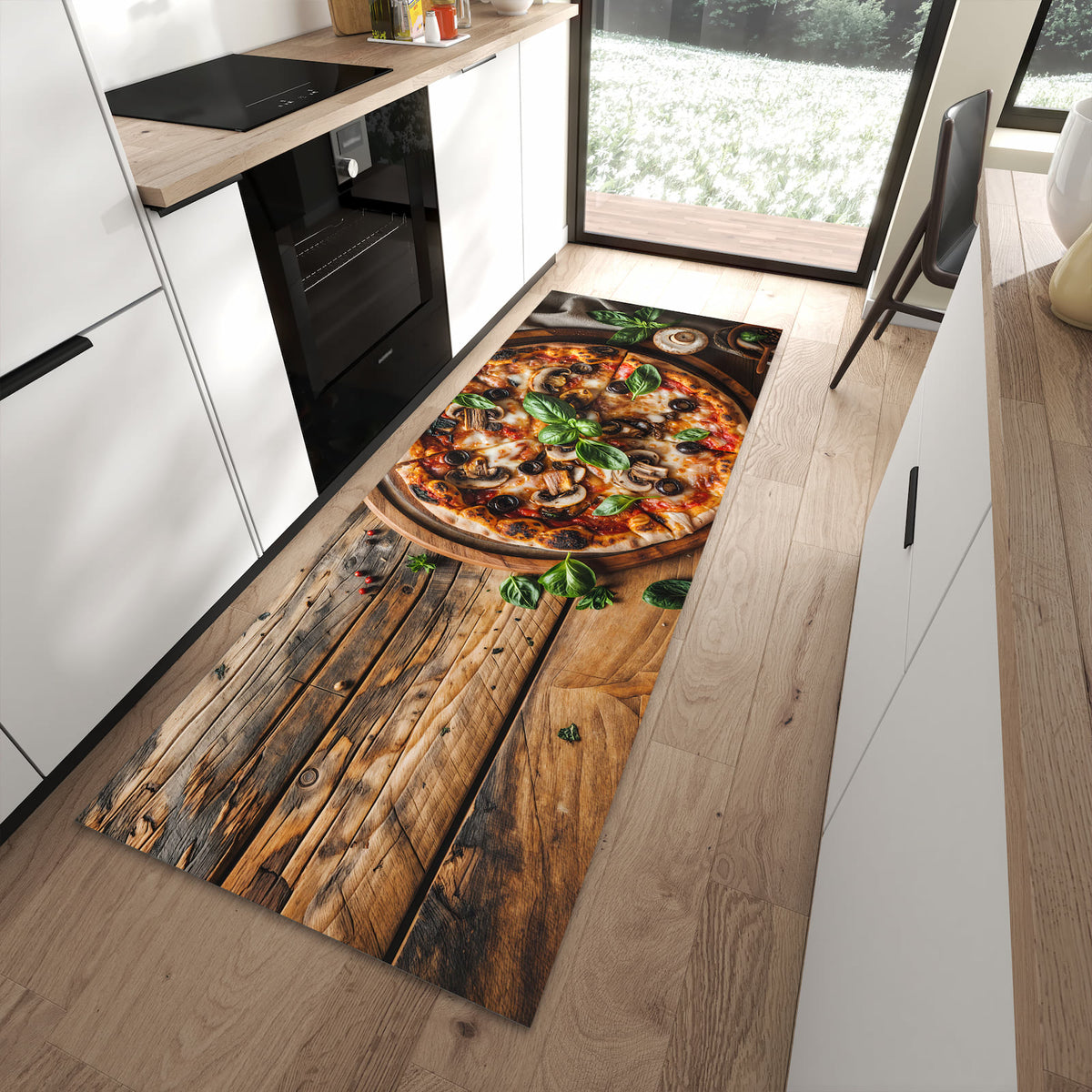 UV-beständiger dünner Teppich mit Motiv Holztisch Pizza in moderner Küche