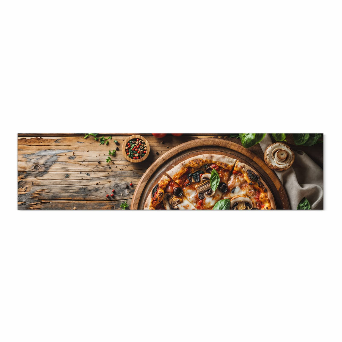 Waschbarer rutschfester Küchenläufer mit Motiv Holztisch Pizza in Frontansicht