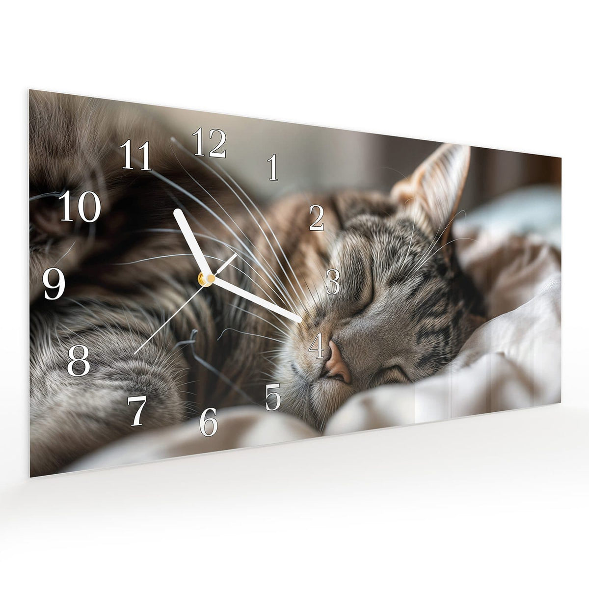 Vormontiert – mit Schwebeeffekt – Wanduhr Schlummernde Katze Portrait aus Glas – Querformat 60 × 30 cm