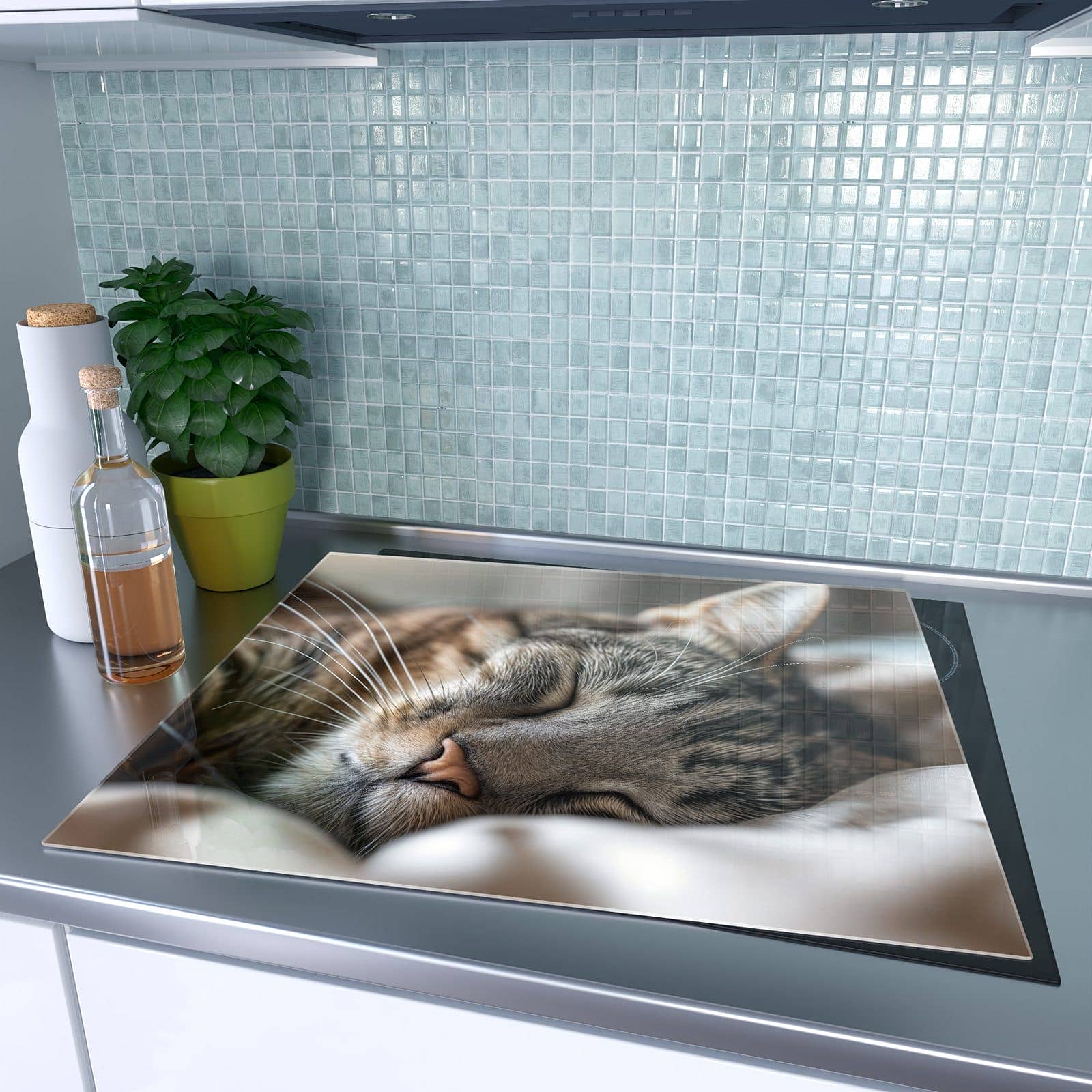 1-teilige Herdabdeckplatte mit Schlummernde Katze Portrait-Motiv auf dem Ceranfeld