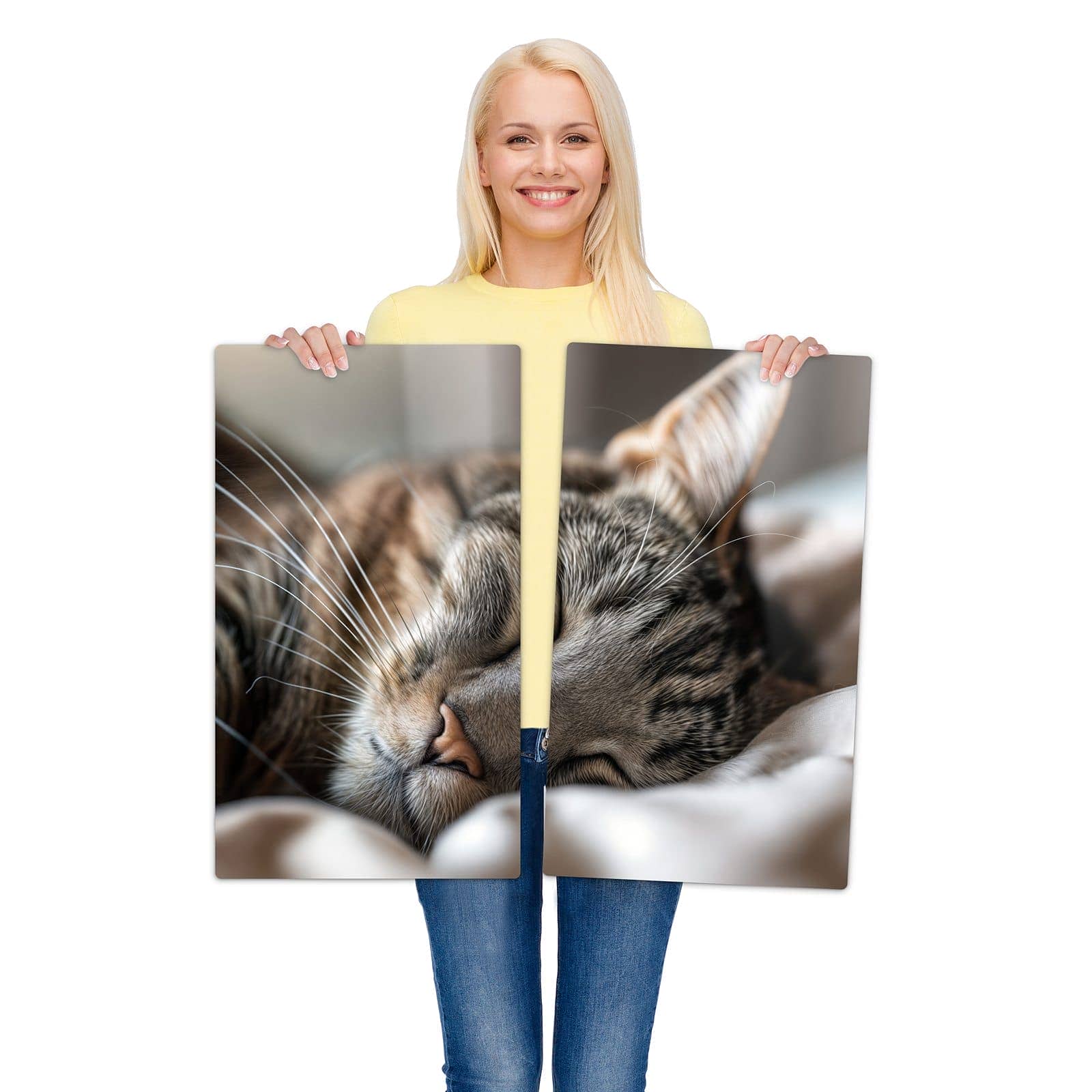 2-teilige Ceranfeldabdeckungen mit Schlummernde Katze Portrait-Motiv werden zur Größendarstellung gehalten