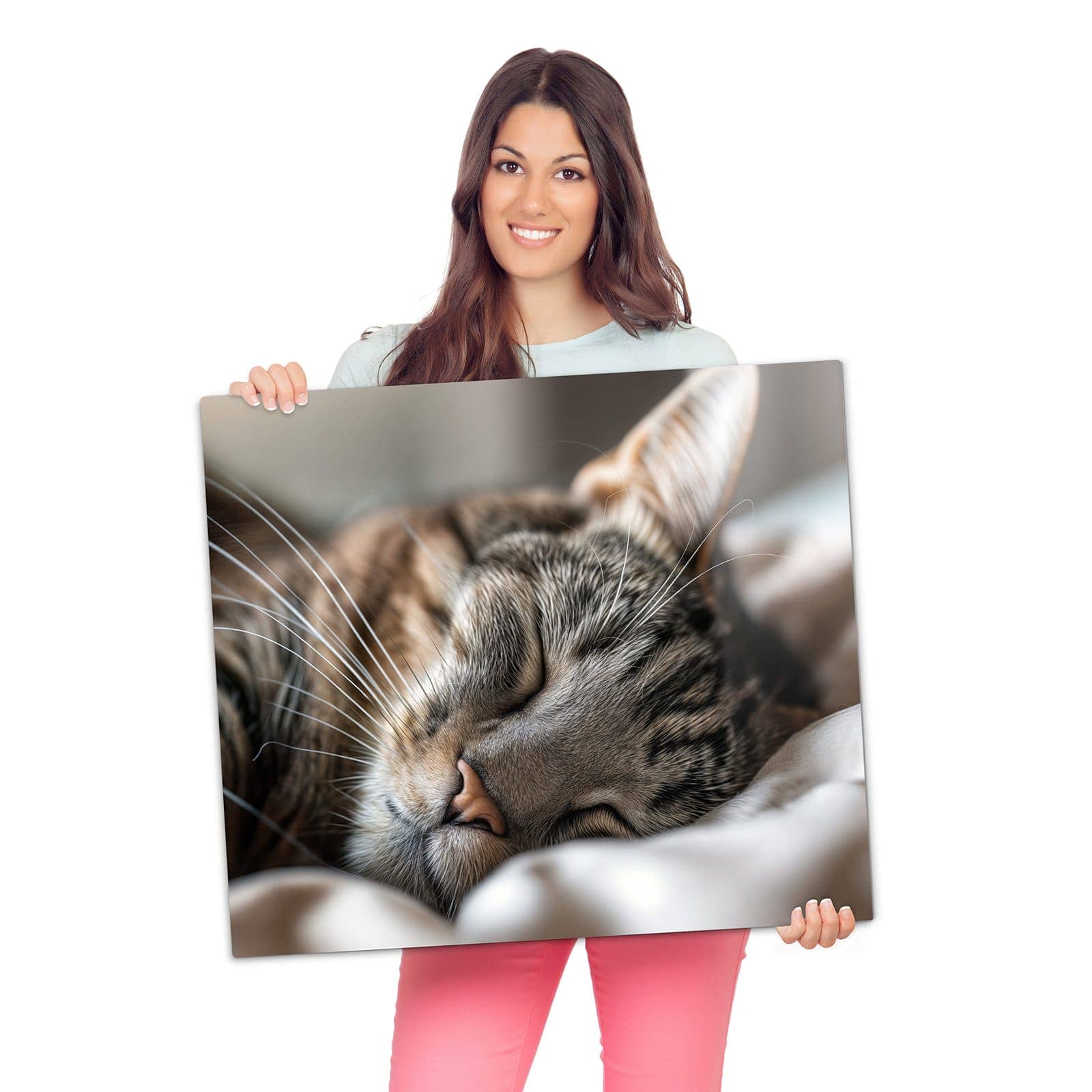 Glasplatte für Herd mit Schlummernde Katze Portrait-Motiv wird zur Größendarstellung gehalten