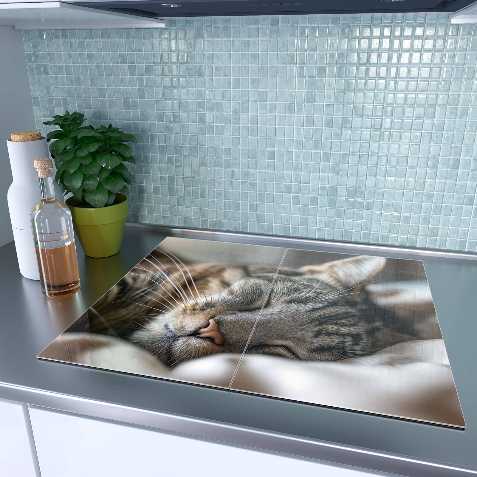 2-teilige Herdabdeckplatte aus Glas mit Schlummernde Katze Portrait-Motiv auf dem Ceranfeld