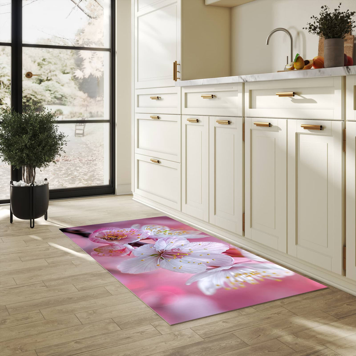 Strapazierfähiger Küchenteppich mit Motiv Sanfte Kirschblüten in heller Küche