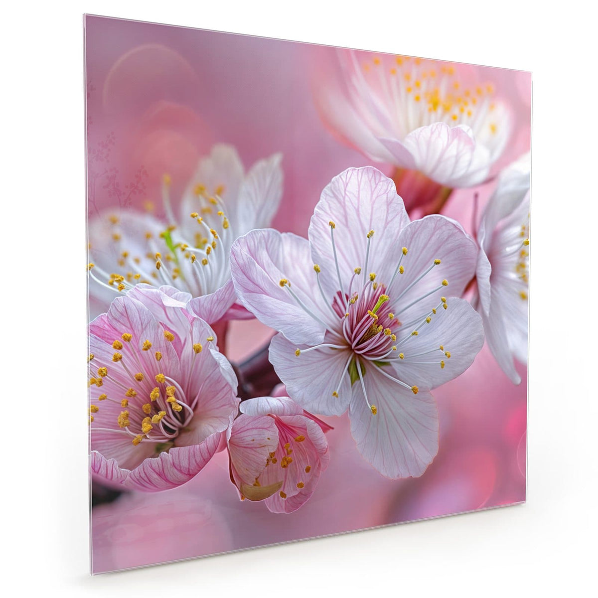 Küchenrückwand aus Glas im quadratischen Format mit Motiv Rosa Blüten am Zweig: Weiß-rosa Kirschblüten mit gelben Staubgefäßen vor rosa Lichtkreisen