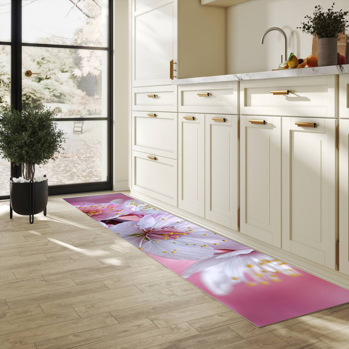 Pflegeleichter moderner Küchenläufer mit Motiv Sanfte Kirschblüten in heller Küche