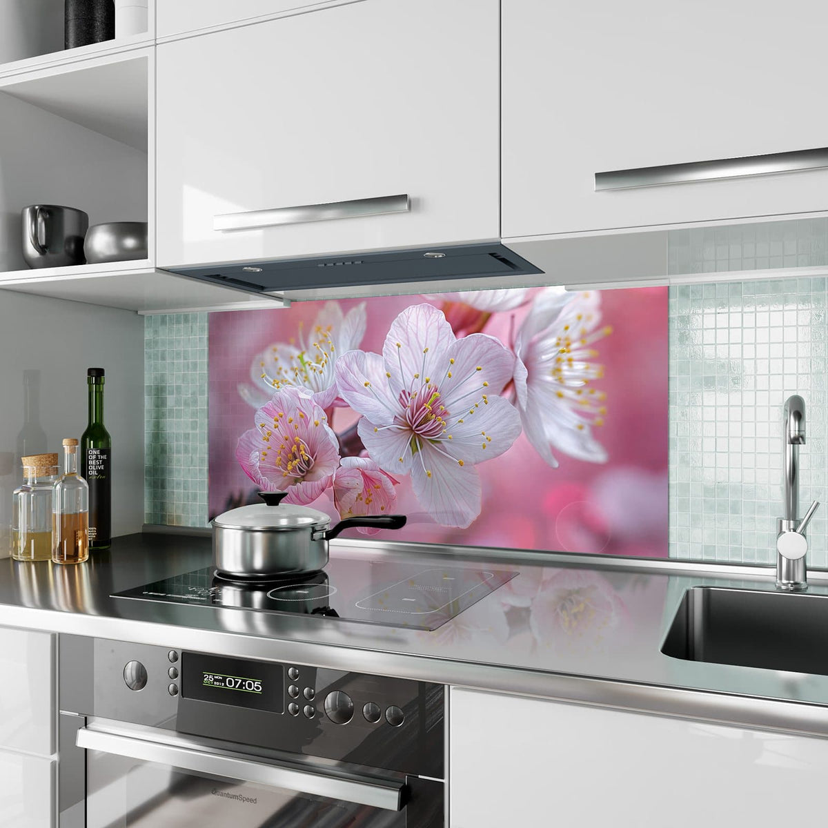 Küchenrückwand aus Glas Rosa Blüten am Zweig im Hochformat als Spritzschutz hinter dem Kochfeld, über dem Fliesenspiegel montiert