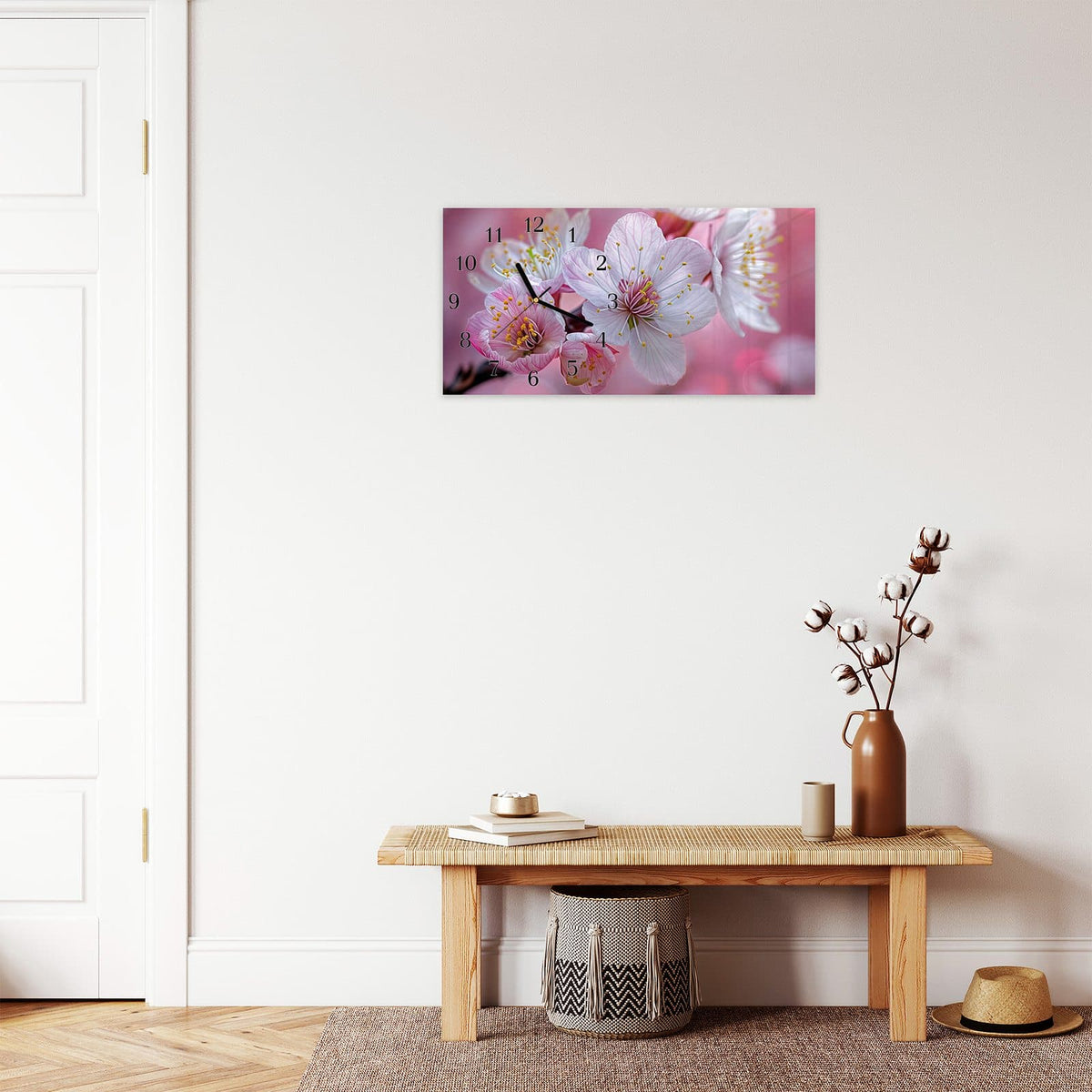Moderne Wanduhr aus Glas mit Farbtiefe – Wanduhr Sanfte Kirschblüten aus Glas – Querformat 60 × 30 cm