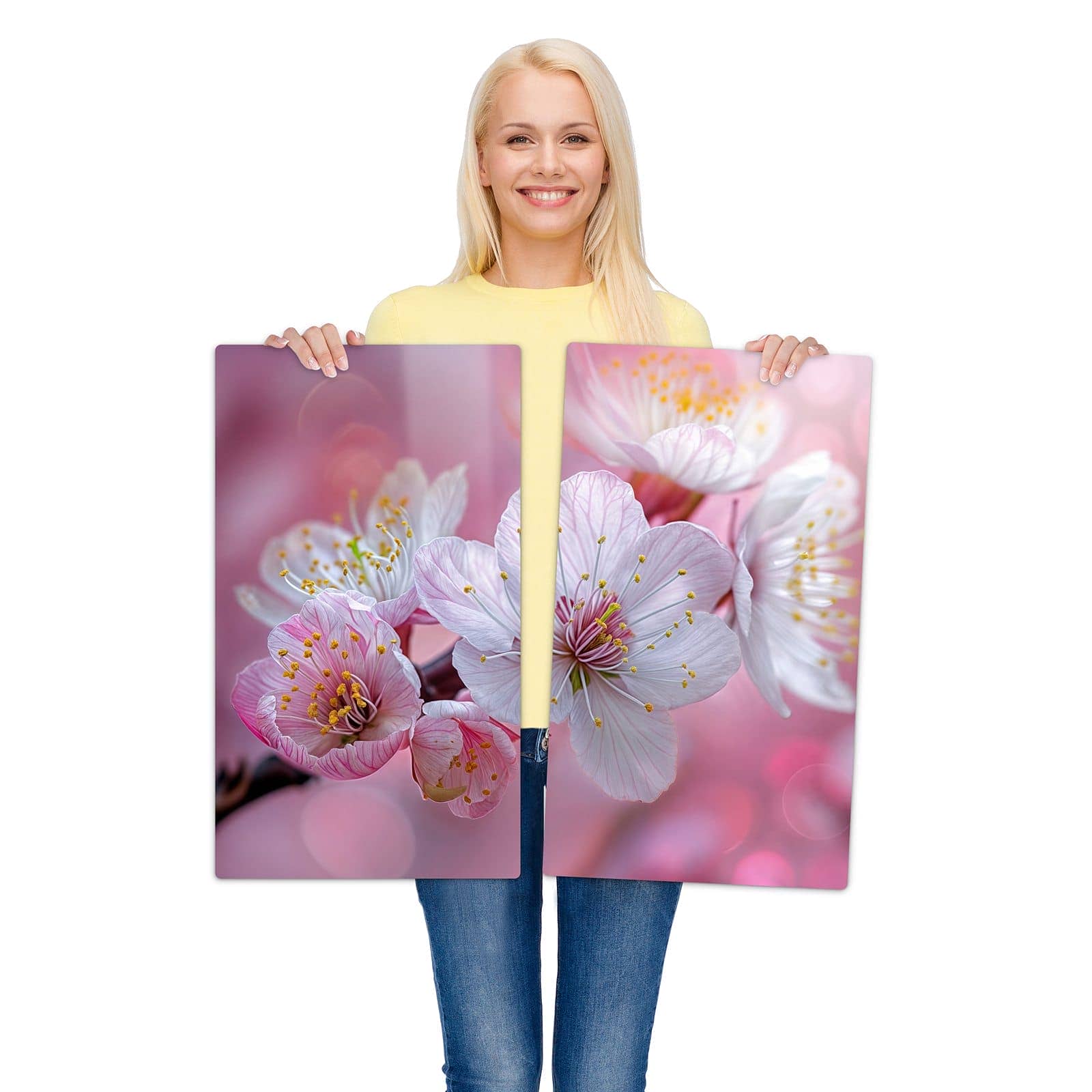 2-teilige Ceranfeldabdeckungen mit Sanfte Kirschblüten-Motiv werden zur Größendarstellung gehalten