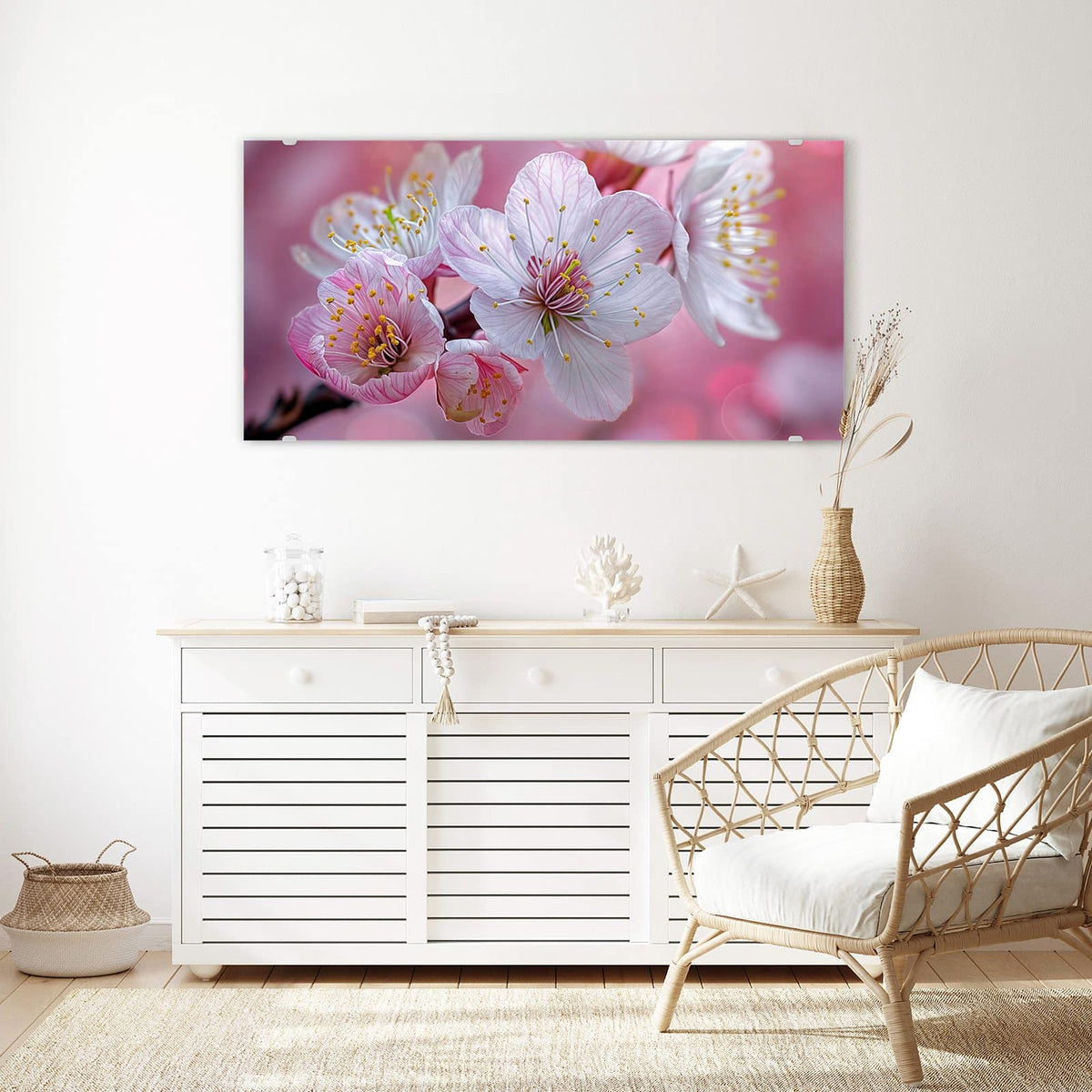 Echtglas, 4 mm – kein Acryl, keine Folie – Wandbild - Rosa Blüten am Zweig - Querformat