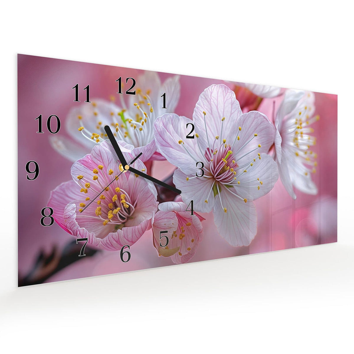 Vormontiert – mit Schwebeeffekt – Wanduhr Sanfte Kirschblüten aus Glas – Querformat 60 × 30 cm