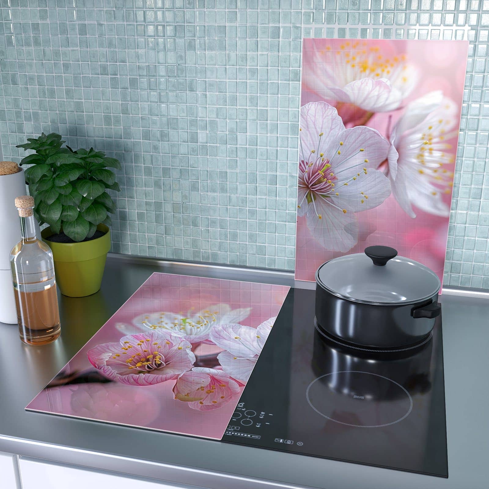 2-teilige Abdeckplatten mit Sanfte Kirschblüten-Motiv als Spritzschutz hinter dem Kochfeld