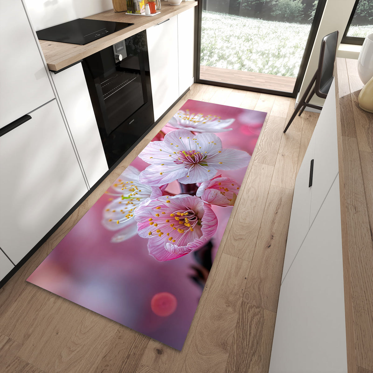 Wasserabweisender Küchenläufer mit Motiv Sanfte Kirschblüten in moderner Küche