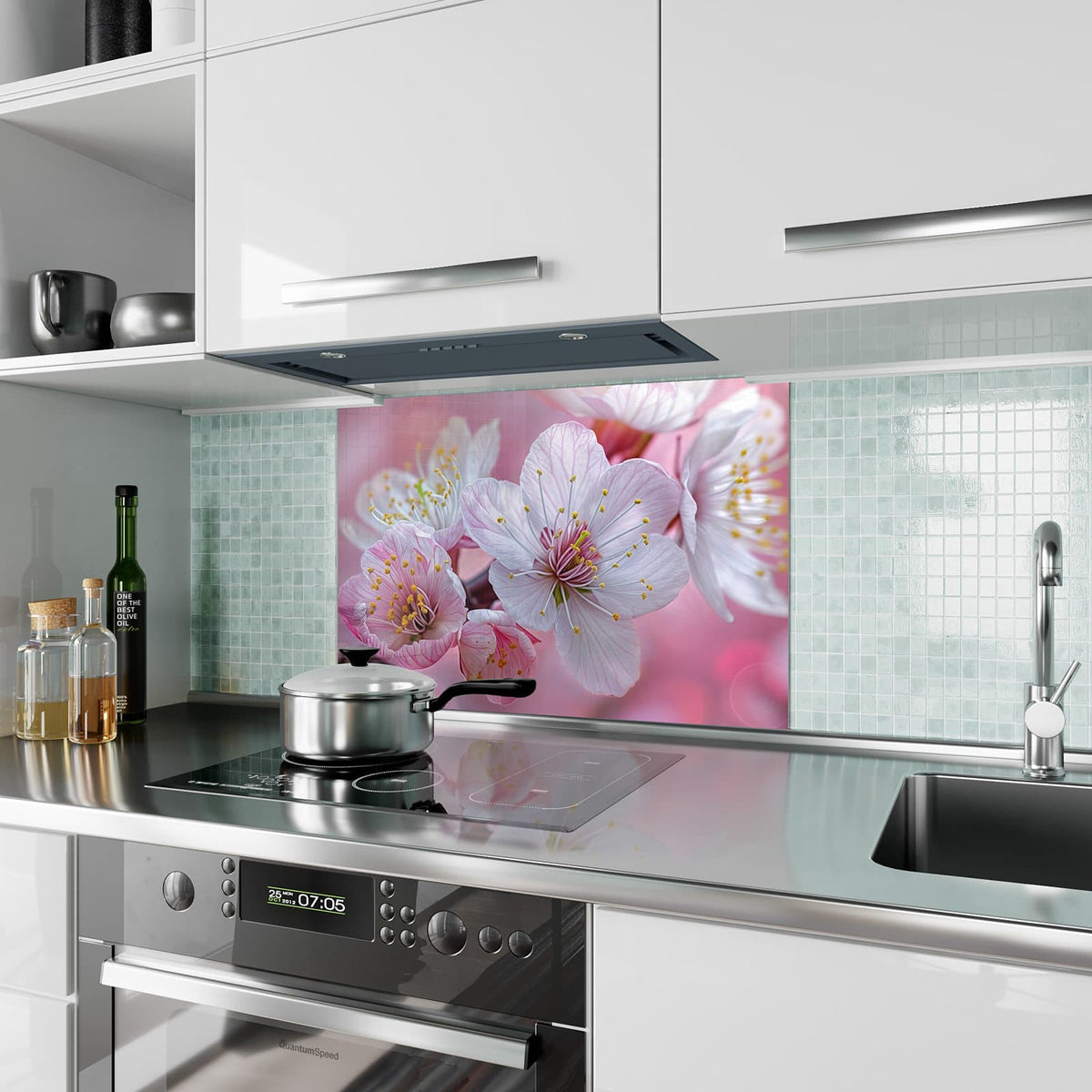 Küchenrückwand aus Glas Rosa Blüten am Zweig im Hochformat als Spritzschutz hinter dem Kochfeld, über dem Fliesenspiegel montiert
