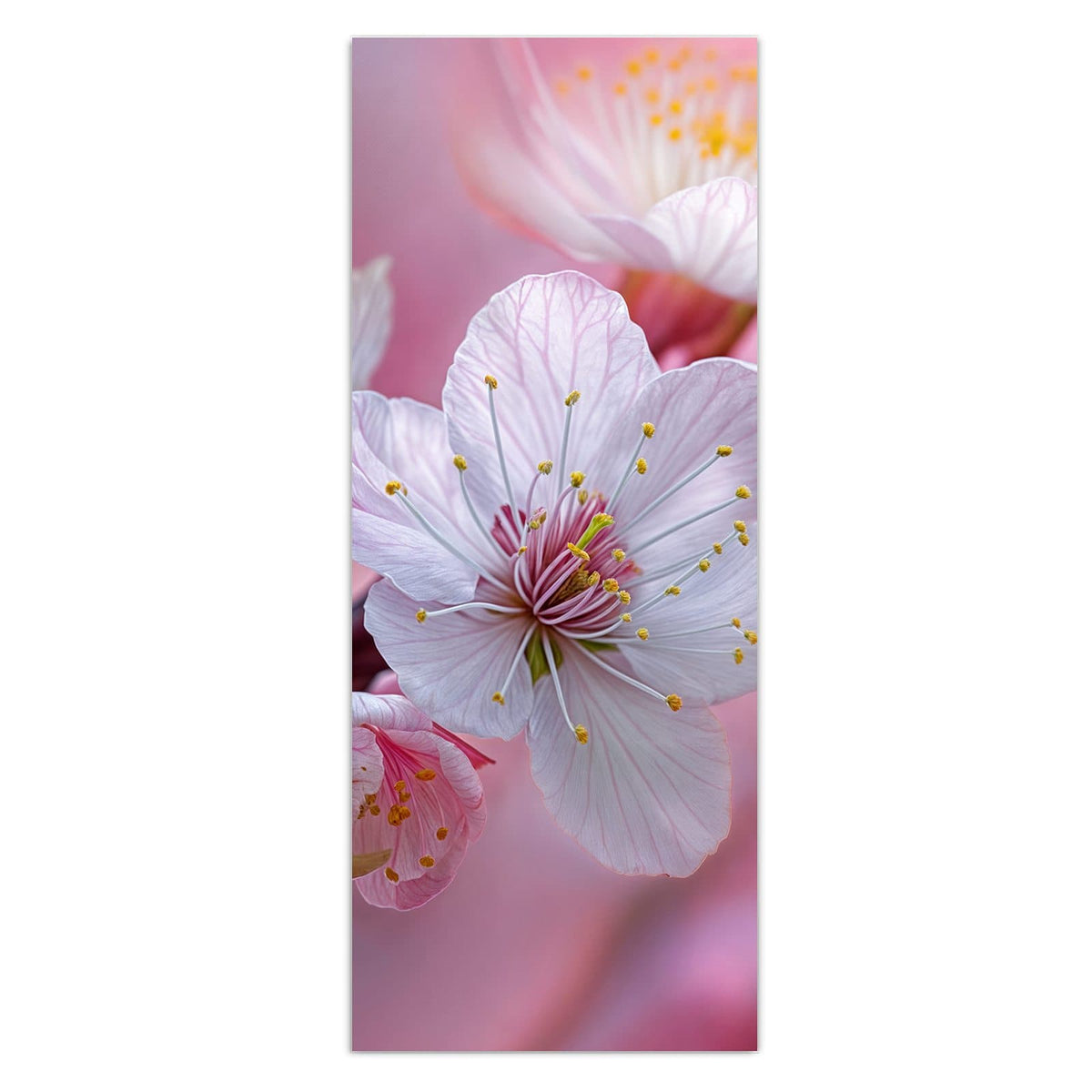 Weiß-rosa Kirschblüten mit gelben Staubgefäßen vor rosa Lichtkreisen