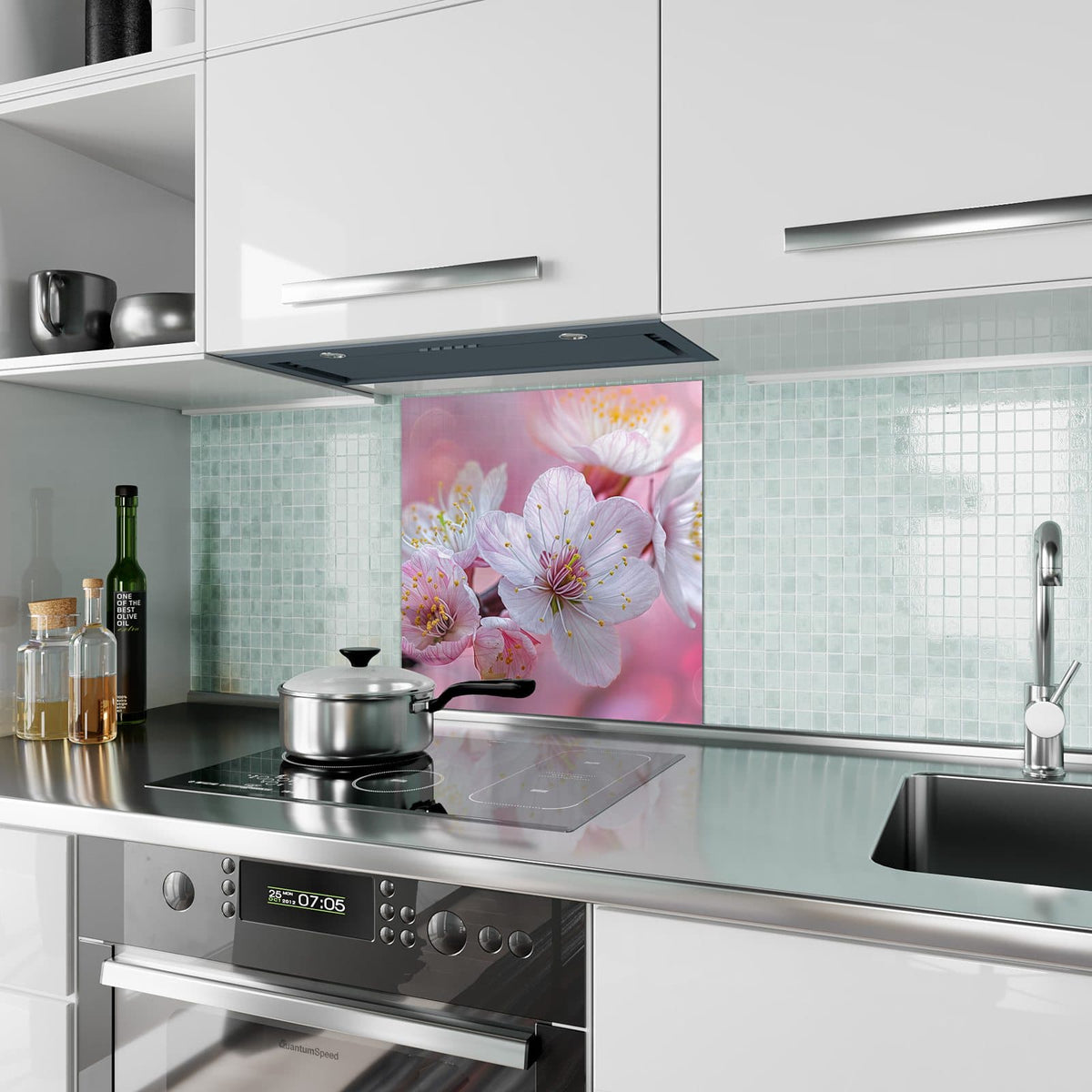 Küchenrückwand aus Glas Rosa Blüten am Zweig im quadratischen Format als Spritzschutz hinter dem Kochfeld, über dem Fliesenspiegel montiert