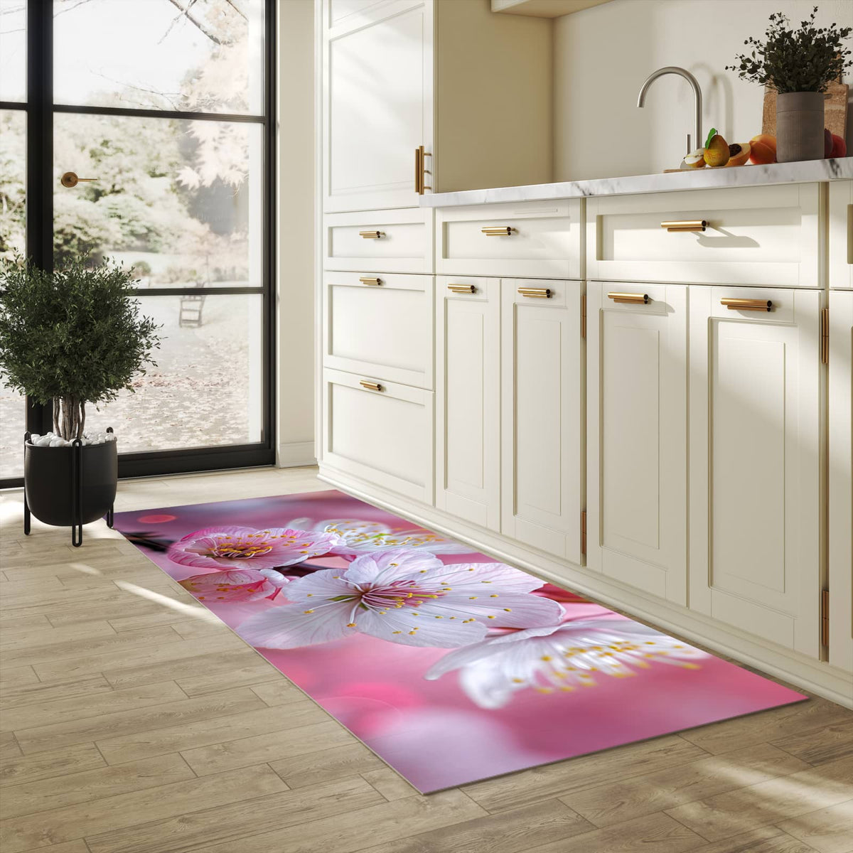Waschbarer Küchenteppich mit Motiv Sanfte Kirschblüten in heller Küche