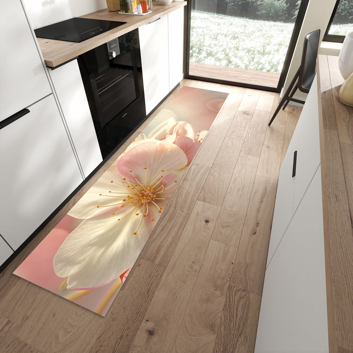 Küchenteppich Rosa Frühlingsblüten 60 × 270 cm vor der Küchenzeile auf hellem Holzboden