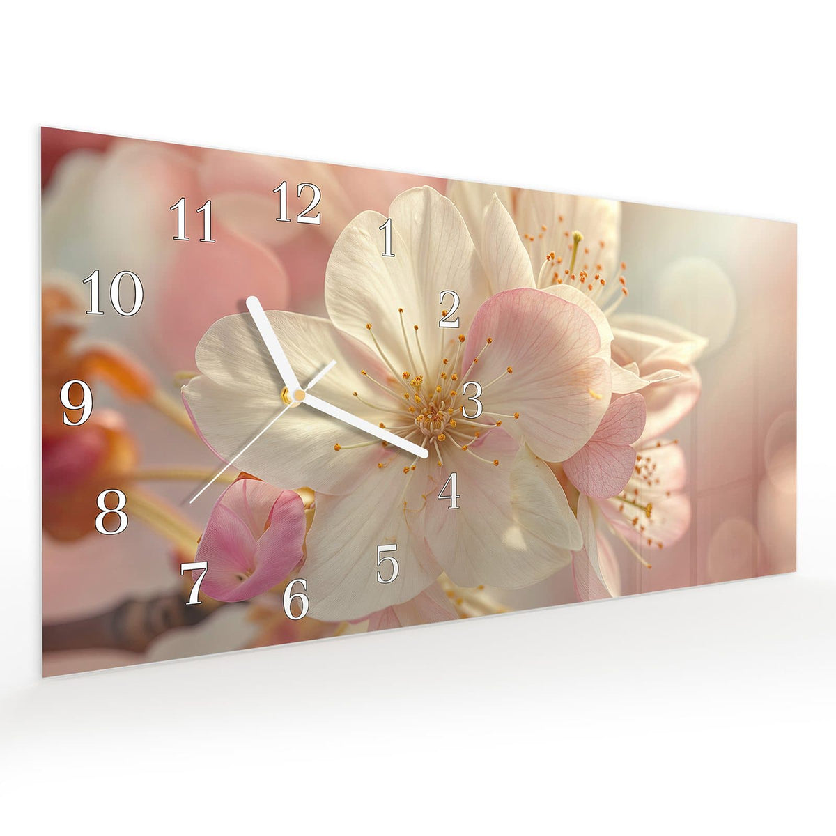Vormontiert – mit Schwebeeffekt – Wanduhr Blühende Frühlingsblüten aus Glas – Querformat 60 × 30 cm
