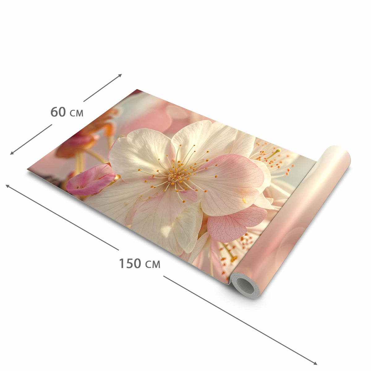 Küchenläufer Rosa Frühlingsblüten halb aufgerollt mit Maßangaben: Gesamtgröße 60 × 150 cm