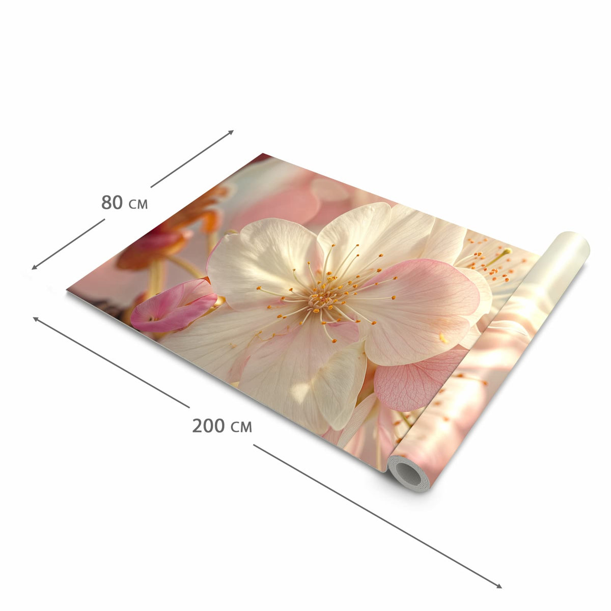 Küchenläufer Rosa Frühlingsblüten halb aufgerollt mit Maßangaben: Gesamtgröße 80 × 200 cm