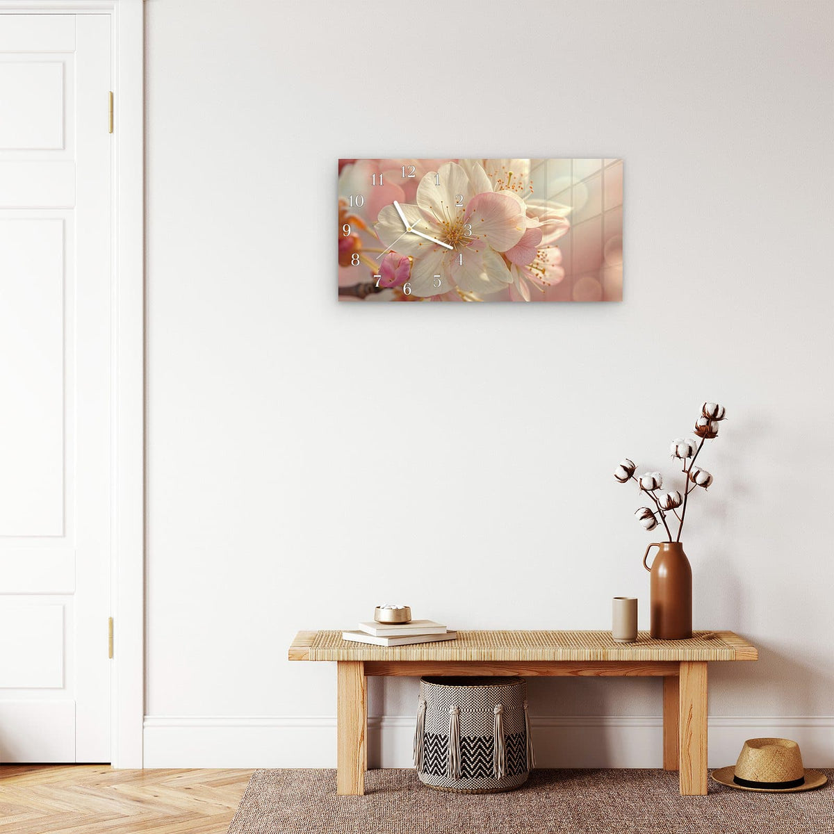 Moderne Wanduhr aus Glas mit Farbtiefe – Wanduhr Blühende Frühlingsblüten aus Glas – Querformat 60 × 30 cm