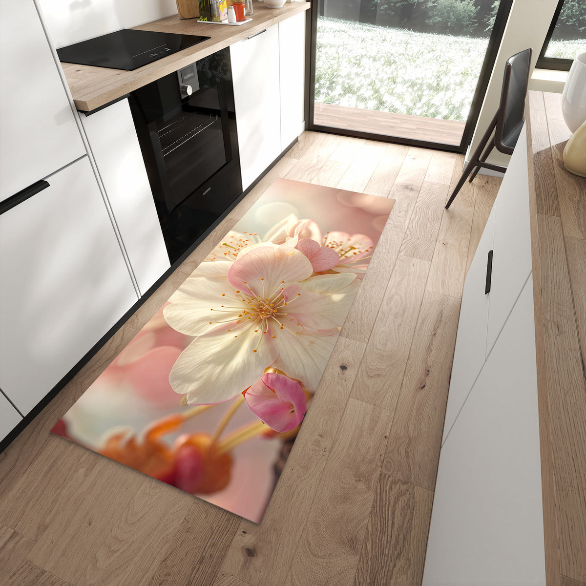 Küchenteppich Rosa Frühlingsblüten 80 × 200 cm vor der Küchenzeile auf hellem Holzboden