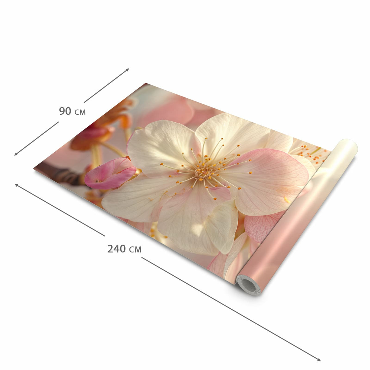 Küchenläufer Rosa Frühlingsblüten halb aufgerollt mit Maßangaben: Gesamtgröße 90 × 240 cm