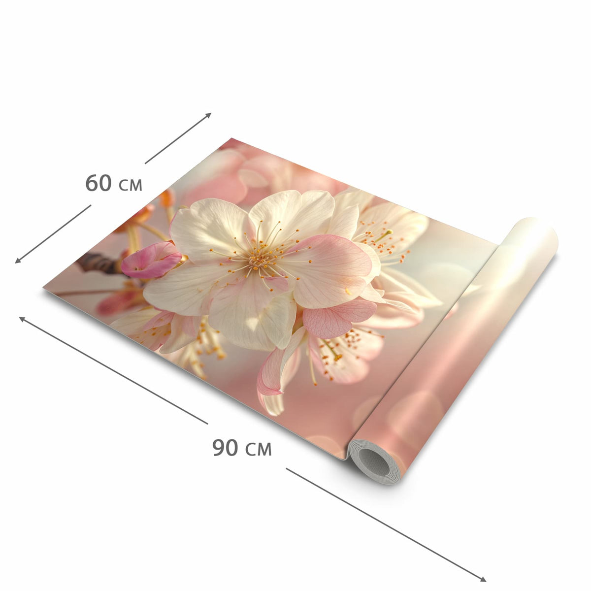 Küchenläufer Rosa Frühlingsblüten halb aufgerollt mit Maßangaben: Gesamtgröße 60 × 90 cm