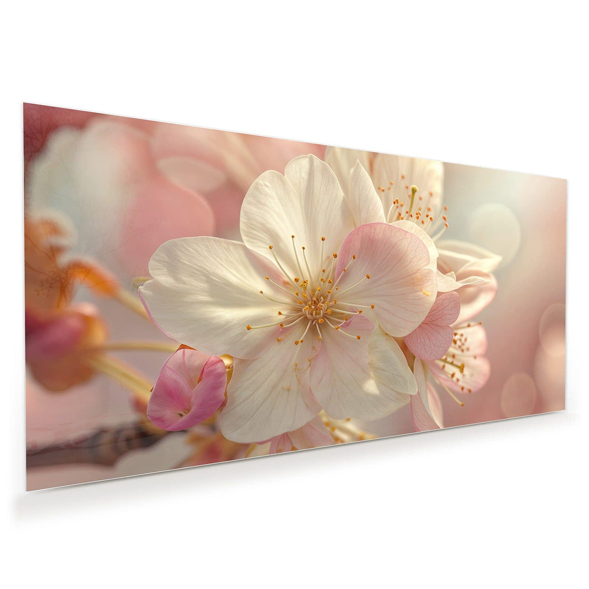 Makro einer weiß-rosa Obstblüte mit gelben Staubgefäßen vor pastelligem Bokeh