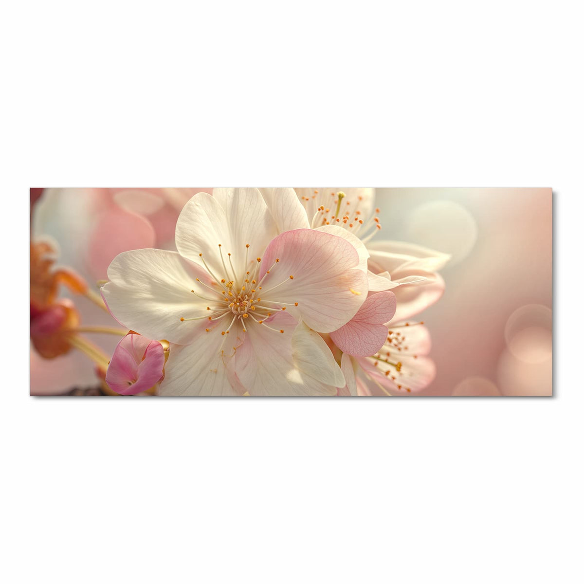 Makro einer weiß-rosa Obstblüte mit gelben Staubgefäßen vor pastelligem Bokeh