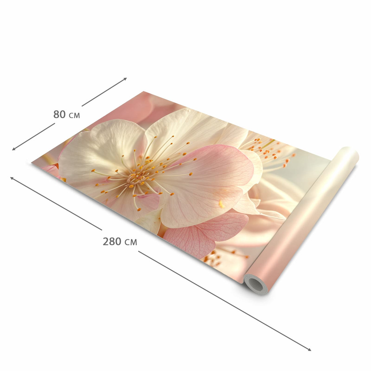 Küchenläufer Rosa Frühlingsblüten halb aufgerollt mit Maßangaben: Gesamtgröße 80 × 280 cm