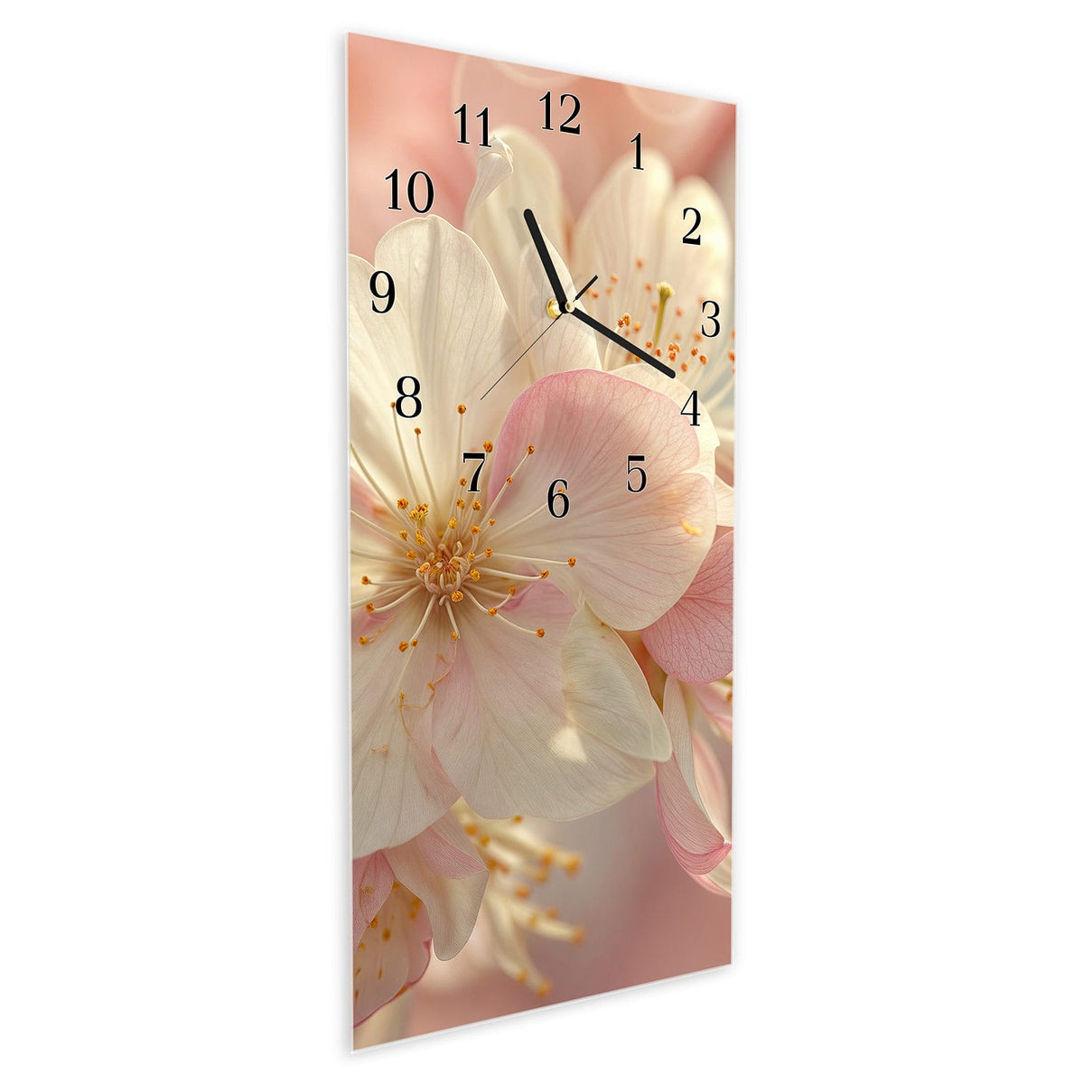 Vormontiert – mit Schwebeeffekt – Wanduhr Blühende Frühlingsblüten aus Glas – Hochformat 30 × 60 cm