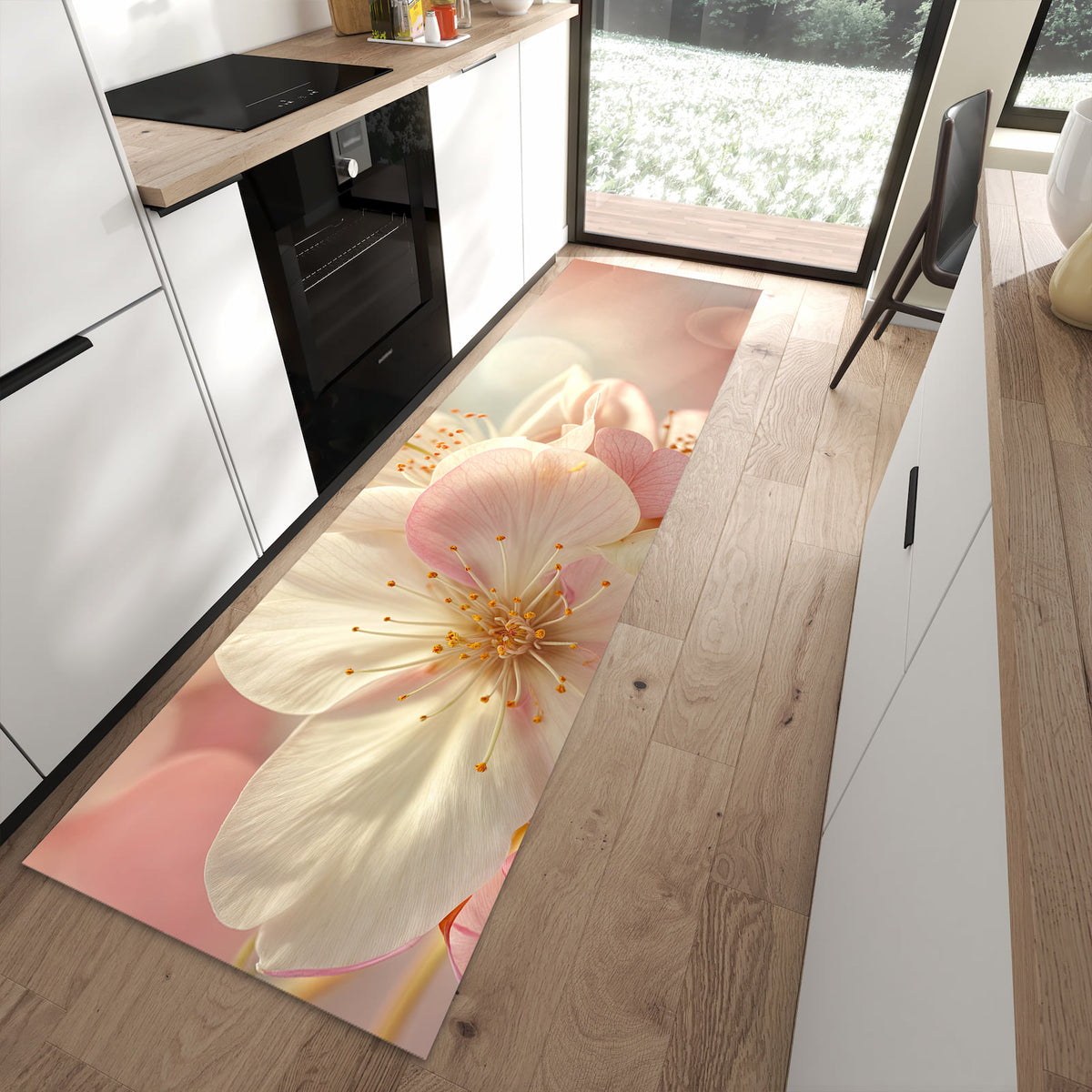 Küchenteppich Rosa Frühlingsblüten 80 × 280 cm vor der Küchenzeile auf hellem Holzboden
