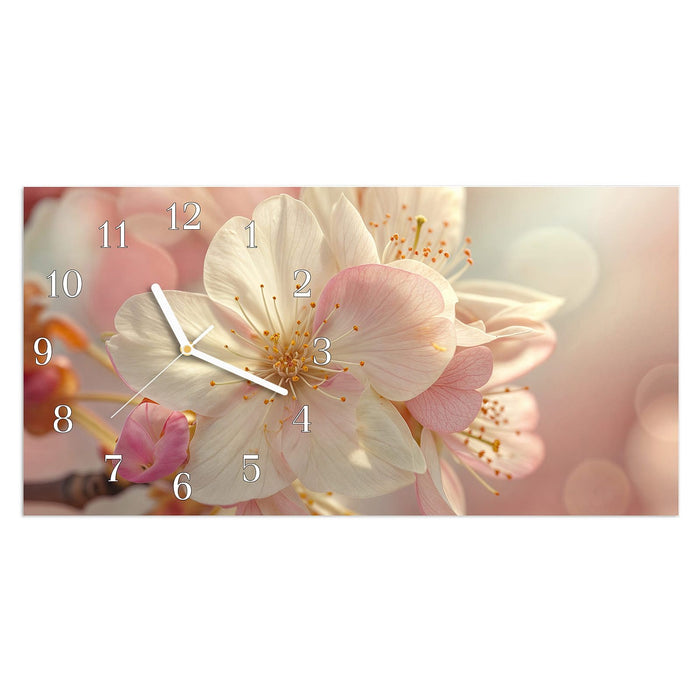 Wanduhr Blühende Frühlingsblüten aus Glas – Querformat 60 × 30 cm mit Ziffernblatt Klassisch