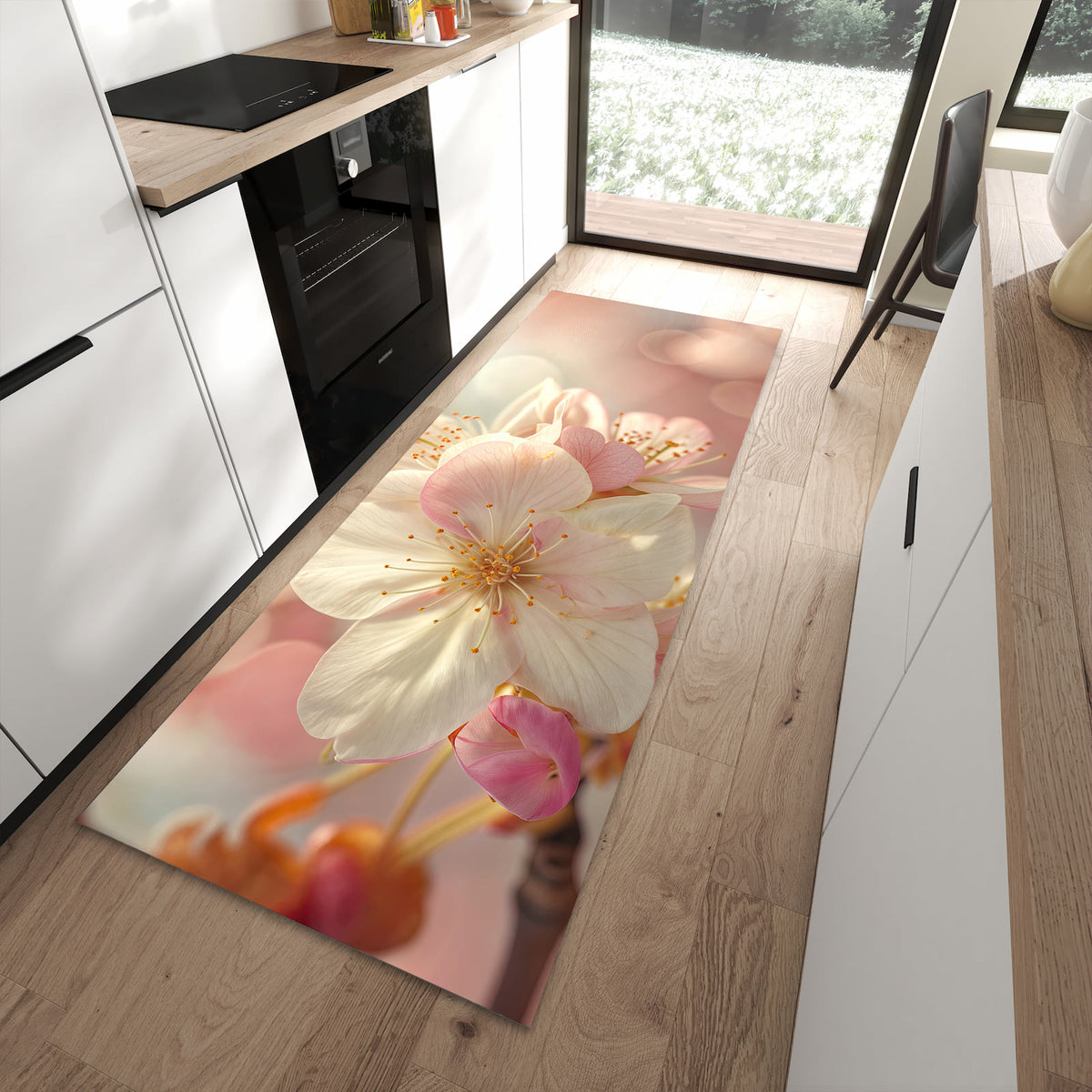 Küchenteppich Rosa Frühlingsblüten 90 × 240 cm vor der Küchenzeile auf hellem Holzboden