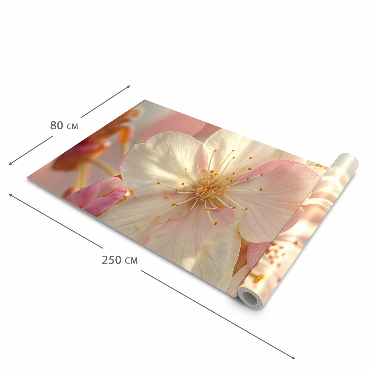 Küchenläufer Rosa Frühlingsblüten halb aufgerollt mit Maßangaben: Gesamtgröße 80 × 250 cm
