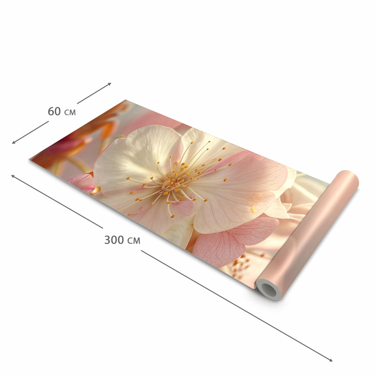 Küchenläufer Rosa Frühlingsblüten halb aufgerollt mit Maßangaben: Gesamtgröße 60 × 300 cm