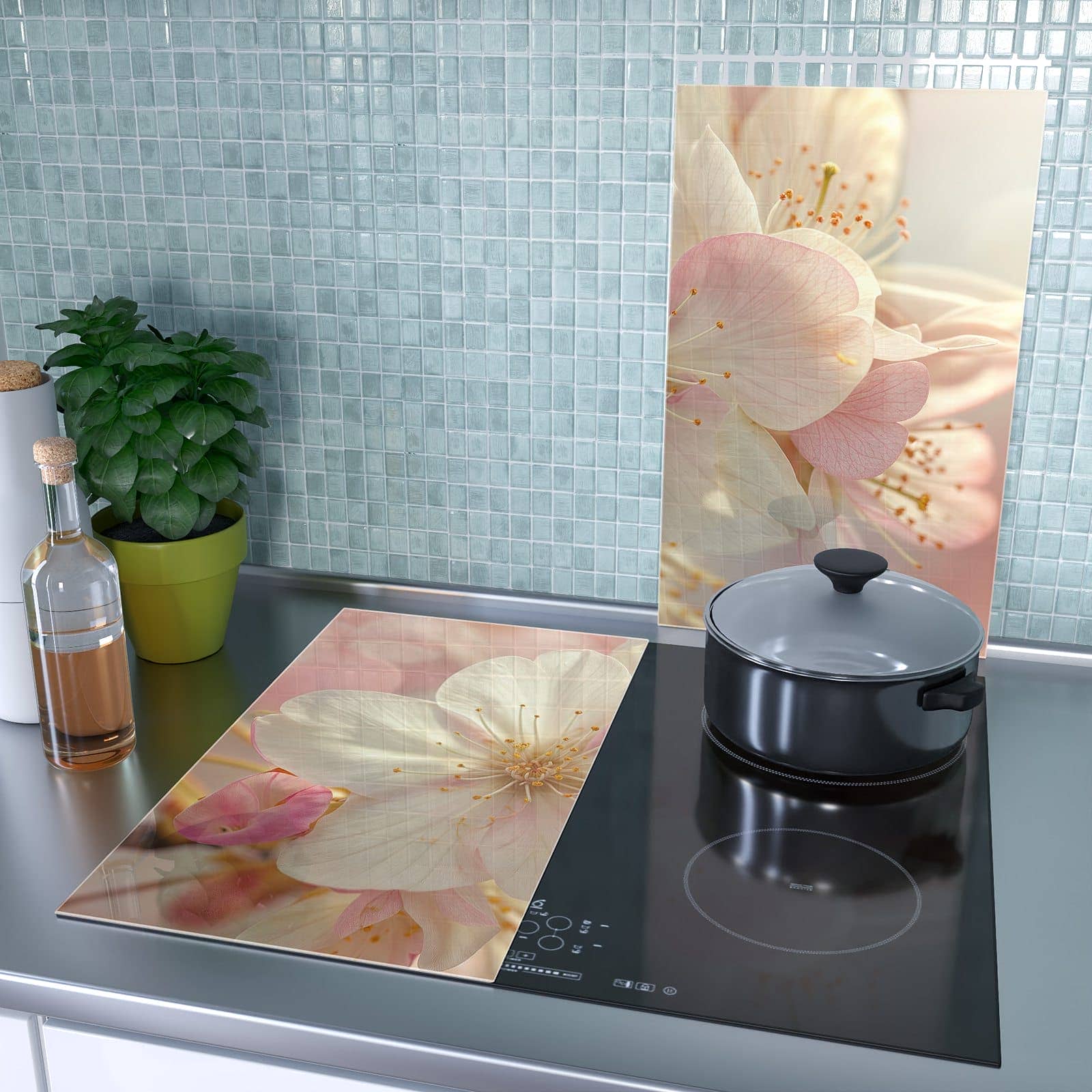 2-teilige Herdabdeckung aus Glas mit Blühende Frühlingsblüten-Motiv als Spritzschutz hinter dem Kochfeld