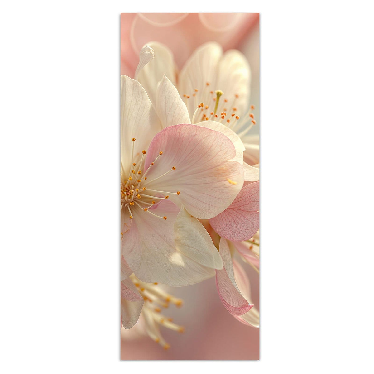 Makro einer weiß-rosa Obstblüte mit gelben Staubgefäßen vor pastelligem Bokeh