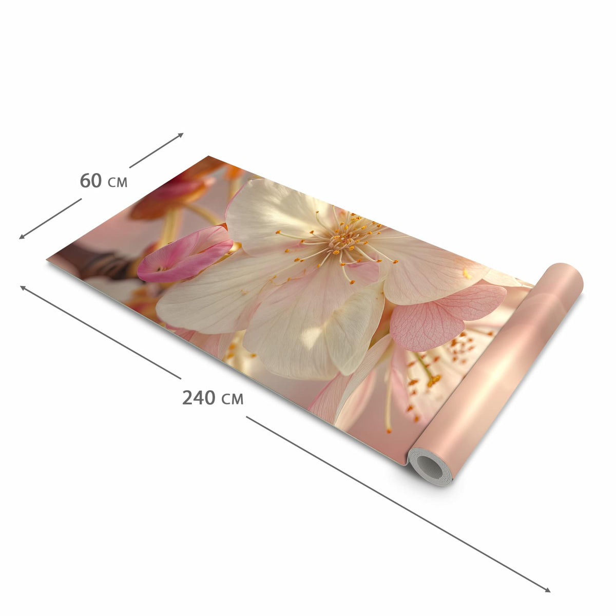Küchenläufer Rosa Frühlingsblüten halb aufgerollt mit Maßangaben: Gesamtgröße 60 × 240 cm