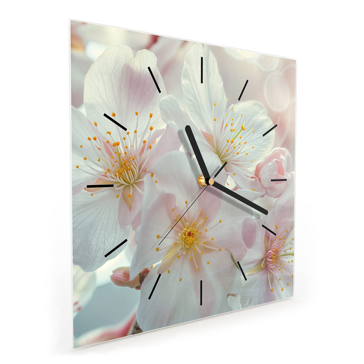 Quadratische Wanduhr aus Glas Weiße Frühlingsblüten schräg von der Seite, 4 mm starkes Glas
