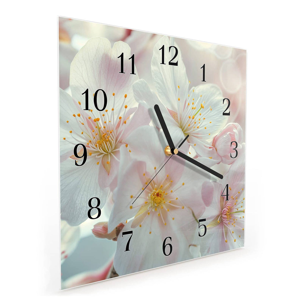 Quadratische Wanduhr aus Glas Weiße Frühlingsblüten schräg von der Seite, 4 mm starkes Glas