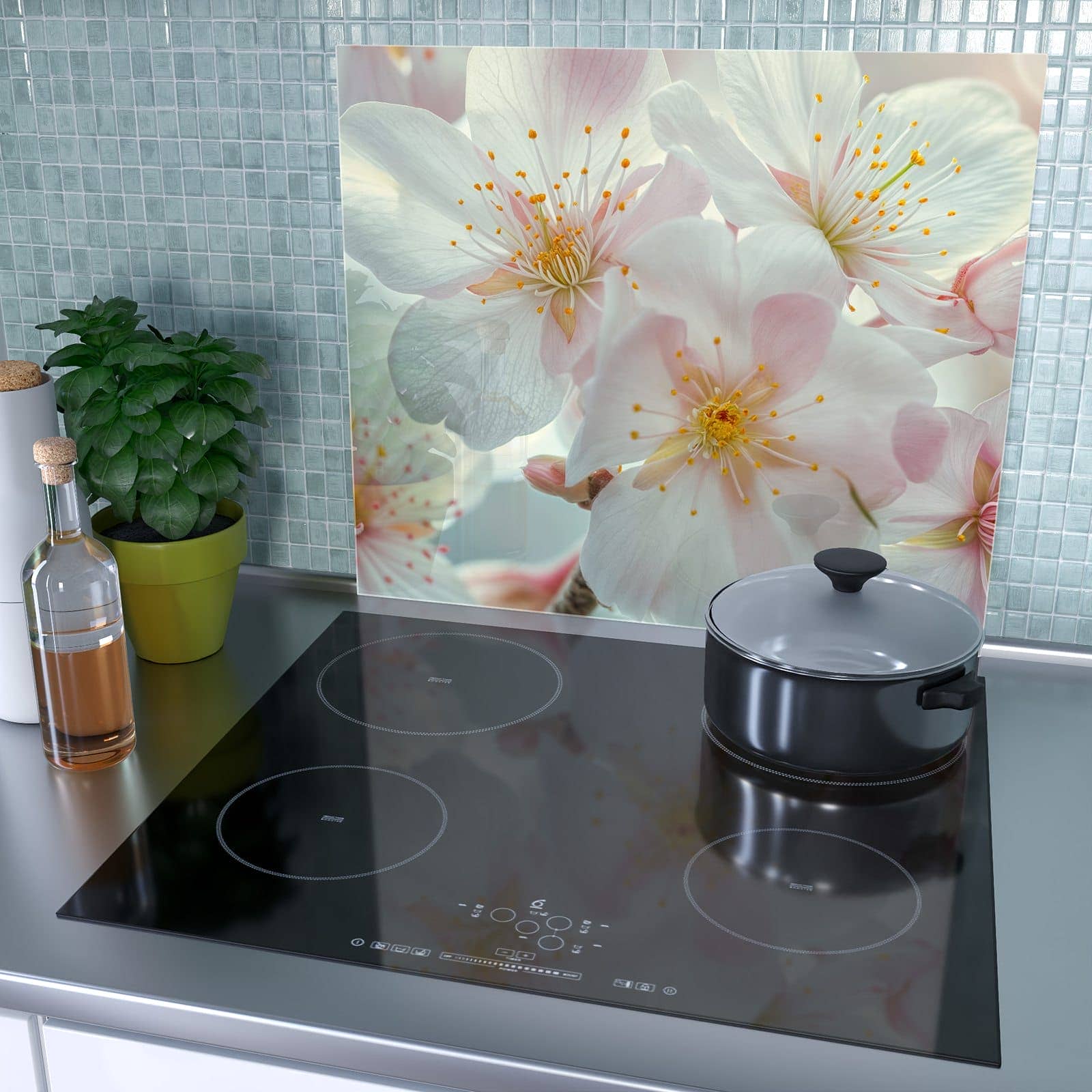1-teilige Herdabdeckung aus Glas mit Kirschblüten Zauber-Motiv als Spritzschutz hinter dem Kochfeld