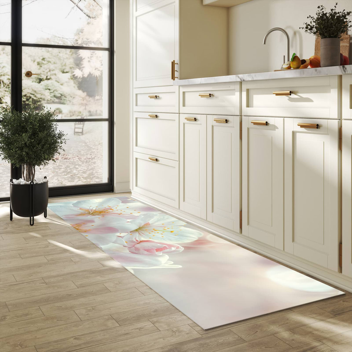 Strapazierfähiger Teppich für Esstisch mit Motiv Kirschblüten Zauber in heller Küche