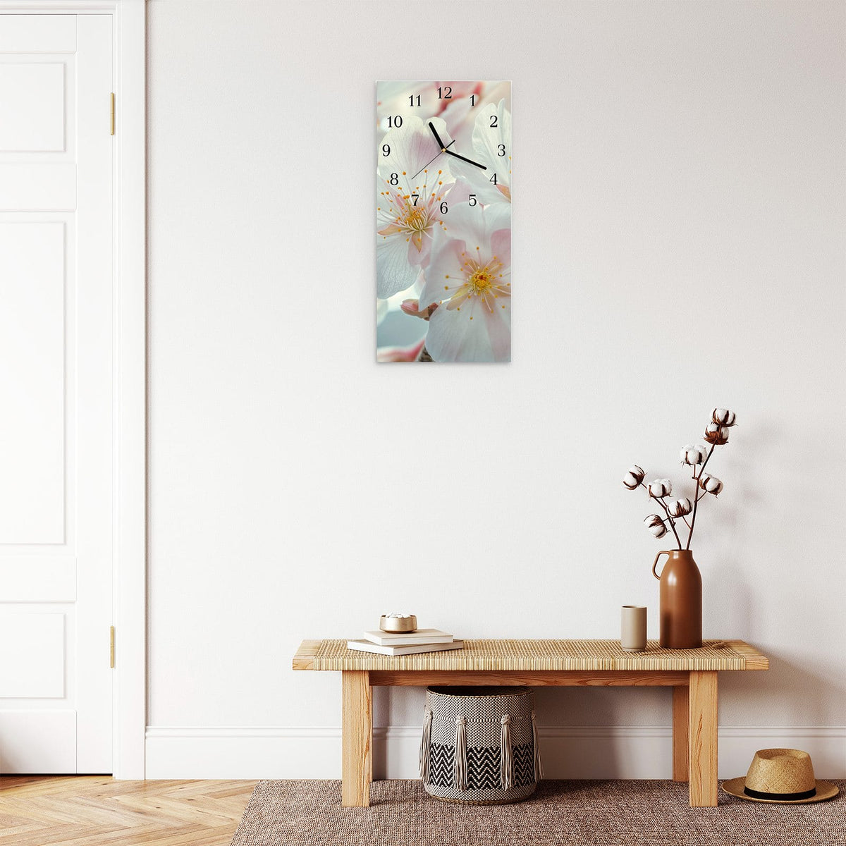 Moderne Wanduhr aus Glas mit Farbtiefe – Wanduhr Kirschblüten Zauber aus Glas – Hochformat 30 × 60 cm