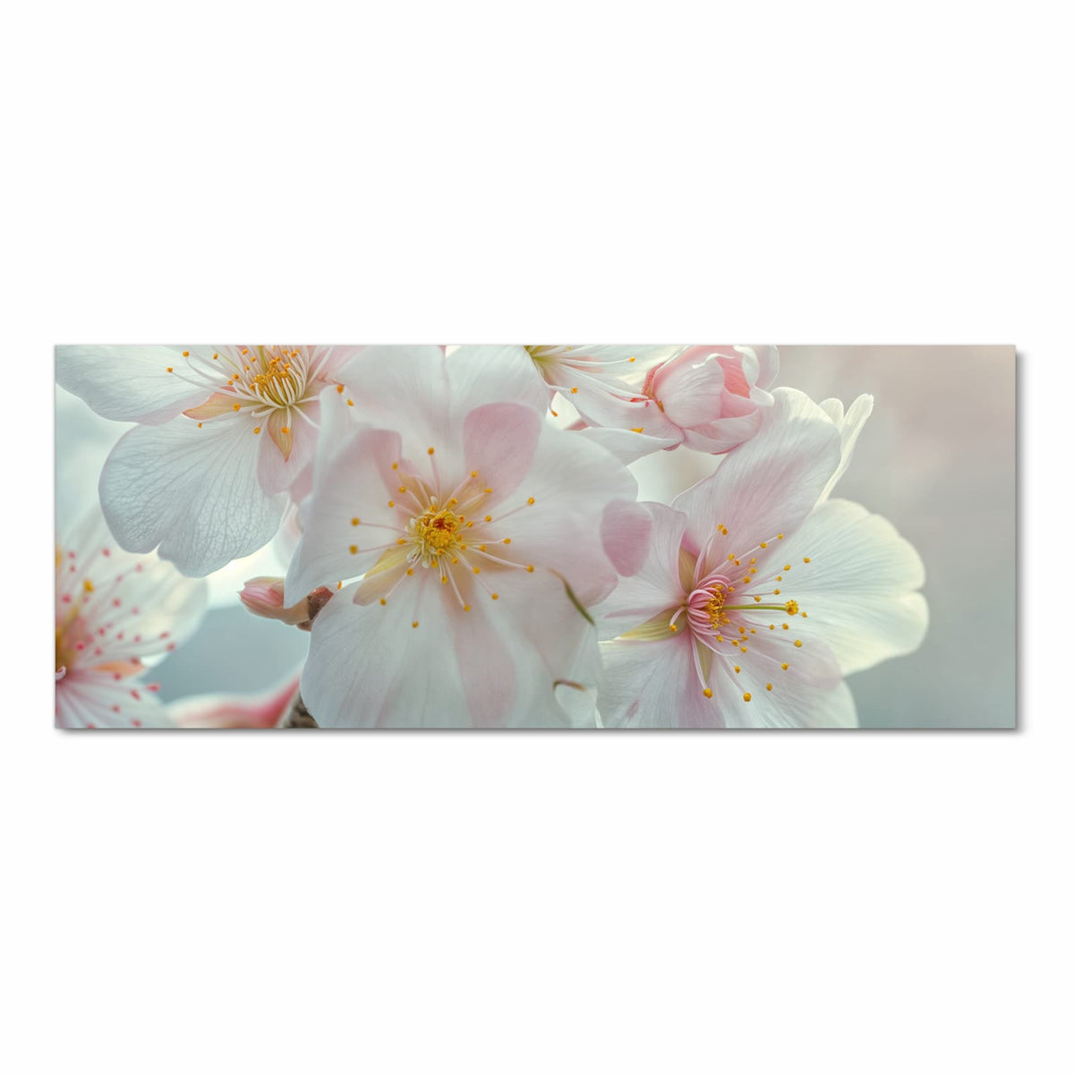 Dolde weißer Frühlingsblüten mit zartrosa Hauch und gelben Staubgefäßen, helles Bokeh